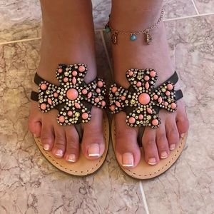 Coral Beaded Sandals